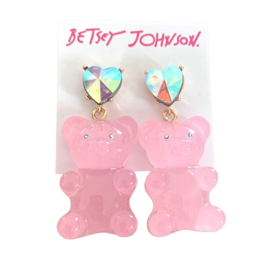 NWT Betsey Johnson oversized gummy bear earrings pink w heart Aurora borealis